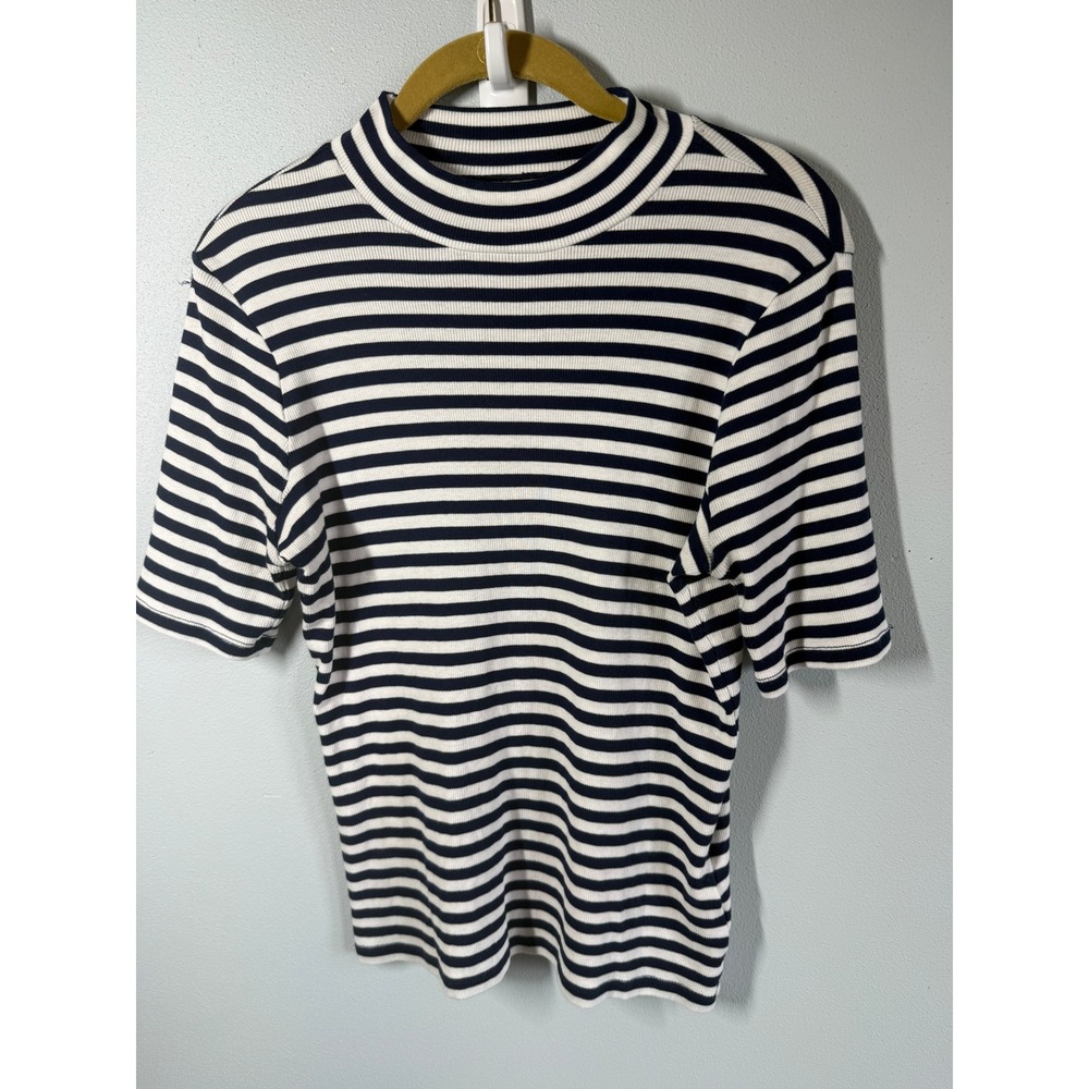 Madewell Womens Top Small White Navy Striped Ribbed Mock Neck Short Sleeve Tee